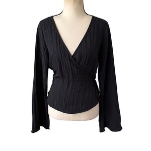 Divided H&M Black Wrap Blouse Flutter Sleeve Crinkle Fabric Whimsigoth Boho M